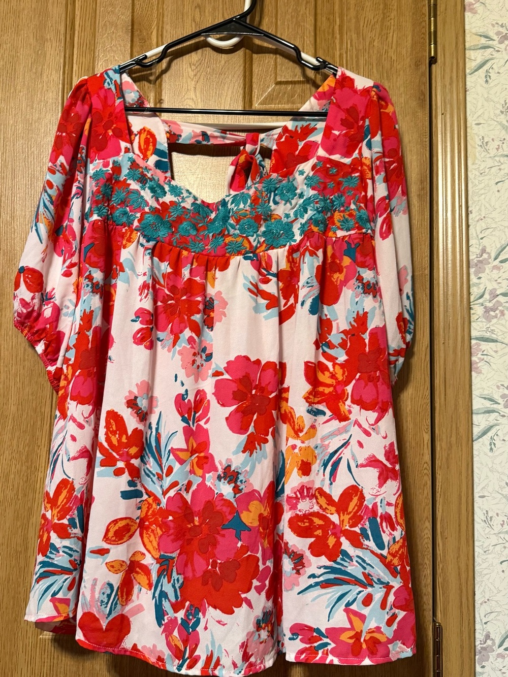 Impressions Floral Peasant Top in Pink, Red and Teal